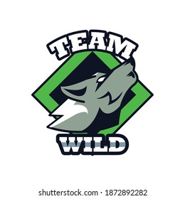 wolf howling head animal emblem icon with team wild lettering vector illustration design