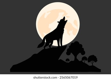 wolf howling at a large, glowing moon on a mountain