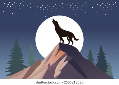 wolf howling at a large, glowing moon on a mountain