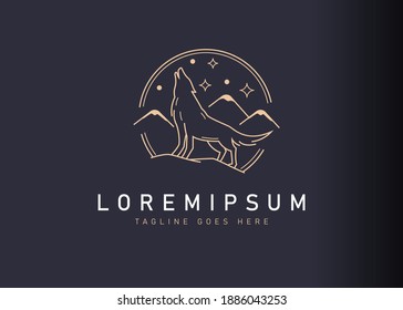 Wolf howling logo design. Vector illustration of wolf howling with mountain landscape. Vintage logo design vector line icon template