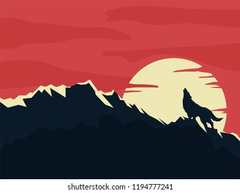 Wolf howling at the moon background with mountain rock