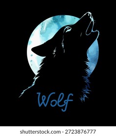 Wolf uivando para a lua azul abstrato . Mão desenhada. Não é IA, ilustração vetorial