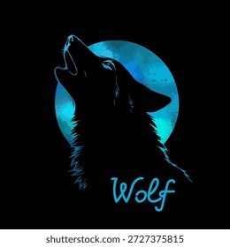 Wolf howling at the moon blue abstract . Hand drawn. Not AI, vector illustration
