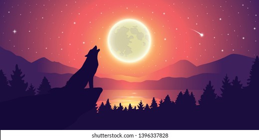 wolf is howling to the moon by the lake at starry sky vector illustration EPS10