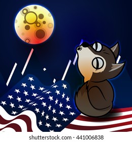 Wolf howling at the moon. Cartoon background with US flag