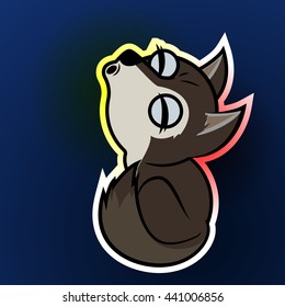 Wolf howling at the moon. Cartoon sticker