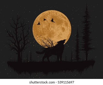 Wolf howling at the moon in the forest.Hand drawn vector illustration