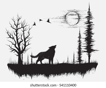 Wolf howling at the moon in the forest.Hand drawn vector illustration