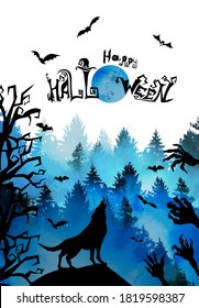 The wolf is howling at the moon. Happy Halloween. Vector illustration