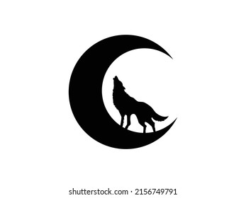 Wolf Howling at the moon Icon Vector illustration. Wolf and Moon symbol. tattoo sign, emblem isolated on white background, Flat style for t-shirt graphic and silhouette, logo. EPS10.