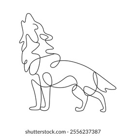 Wolf howling at the moon line art vector illustration