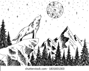 Wolf howling at the moon mountains forest graphic black white landscape sketch illustration vector