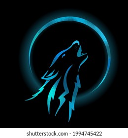 Wolf howling at the moon on a black background. shining moon . T-shirt printing. Vector illustration