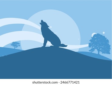 Lobo aullando a la luna, lobo en la colina - Ilustración vectorial