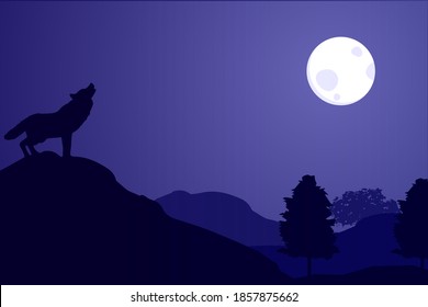 Wolf howling at the moon on a mountain  silhouette through the forest on a full moon night. Scenic night landscape of country road at night 