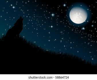 Wolf howling at the moon on night background