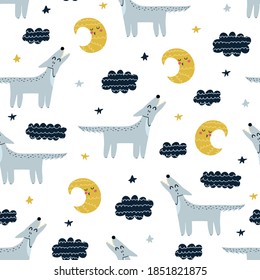 Wolf howling at the moon seamless pattern. Cute forest character background. Woodland print Scandinavian style for fabric and textile, nursery decor. Vector illustration