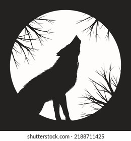 The wolf howling at the moon. Silhouette of animal in the night. Halloween background.