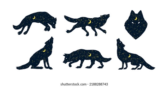 El lobo aullando en la luna. Silhouette de animal mágico con luna creciente y estrellas en la noche. Tótem pagano. Iconos de Halloween para pegatinas, impresiones o tatuajes