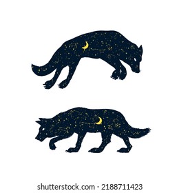 The wolf howling at the moon. Silhouette of Magical animal with crescent moon and stars in the night. Pagan totem. Halloween icons for Sticker, print or tattoo