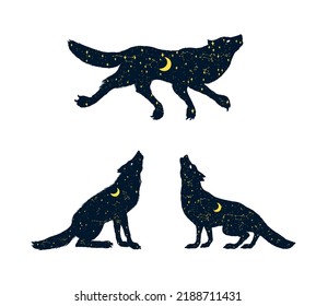 The wolf howling at the moon. Silhouette of Magical animal with crescent moon and stars in the night. Pagan totem. Halloween icons for Sticker, print or tattoo