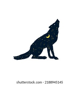 The wolf howling at the moon. Silhouette of Magical animal with crescent moon and stars in the night. Pagan totem. Halloween icons for Sticker, print or tattoo