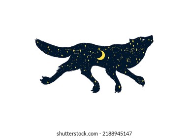 The wolf howling at the moon. Silhouette of Magical animal with crescent moon and stars in the night. Pagan totem. Halloween icons for Sticker, print or tattoo