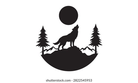 Wolf Howling at Moon Silhouette Vector Illustration with Mountains and Pine Trees Forest Badge