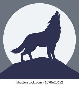 El lobo aullando en la luna, ilustración vectorial, silueta de lobo