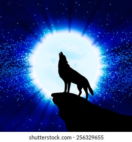 Wolf howling at the moon, vector illustration