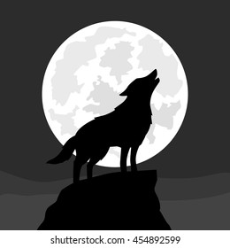 Wolf howling at moon, vector illustration.