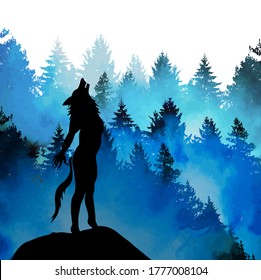 The wolf is howling at the moon. werewolf. Happy Halloween. Vector illustration