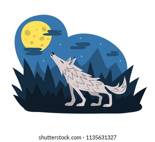 Lobo gritando en la luna en el bosque por la noche, ilustración plana vectorial. El hombre lobo de medianoche está dando forma al cambio en el bosque. Caricatura tierna de carácter animal. Escena de Halloween.