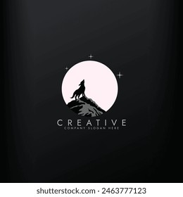 Wolf Howling in the Moonlight, silhouette illustration of Howling Wolf with Moon logo design