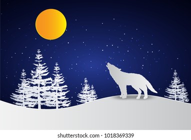 wolf howling at moonlight, Vector illustration concept. paper art