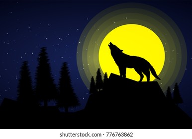 wolf howling at moonlight, Vector illustration concept. 