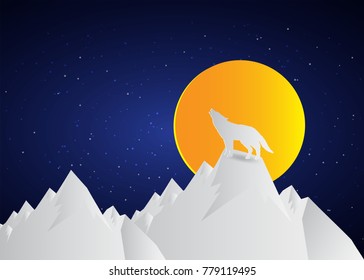 wolf howling at moonlight, Vector illustration concept. paper art