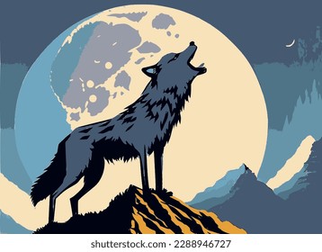 A wolf howling in the mountains against the moon.