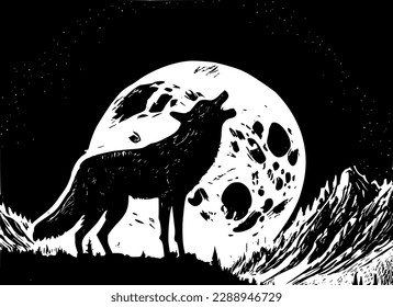 A wolf howling in the mountains against the moon.