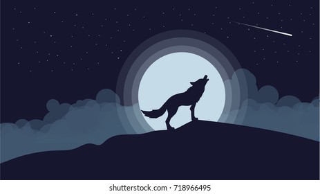 wolf howling night landscape concept design illustration