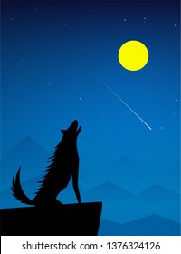 Wolf howling on cliff of hill at full moon night, vector art