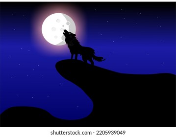Lobo aullando en la colina a luna llena, ilustración vectorial, silueta de lobo