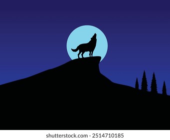 Un lobo está aullando en la colina en la noche Luna, Ilustración vectorial, EPS 10