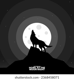 A wolf howling on a hill while the full moon shines brightly with stars and bold text to celebrate Worldwide Howl at the Moon Night on October 26