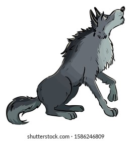 Wolf howling on the moon. Dog or wolf lineart cartoon illustration. Canine in lineart style art. Wild animal in comic style