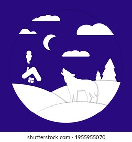 The wolf howling on the moon on winter night. Against the backdrop of a house and a forest. Vector illustration in a round frame.