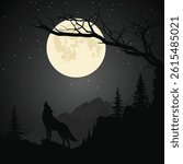 A wolf howling on a mountain under a starlit full moon sky , framed by dark pine trees and mountain ridges. A gnarled, bare tree branch stretches across the moon.