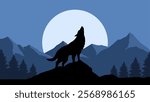 Wolf howling on a rock in the pine forest under the full moon. Vector illustration of wildlife at night with wolf and mountain landscape. Jagged mountain and coniferous forest landscape at night