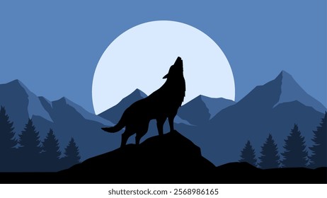 Wolf howling on a rock in the pine forest under the full moon. Vector illustration of wildlife at night with wolf and mountain landscape. Jagged mountain and coniferous forest landscape at night