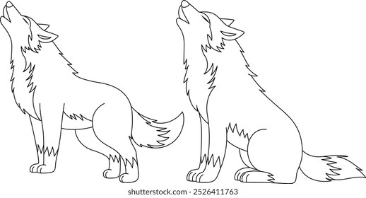 Wolf Howling Outline Coloring Page. Christmas and Winter Illustration 